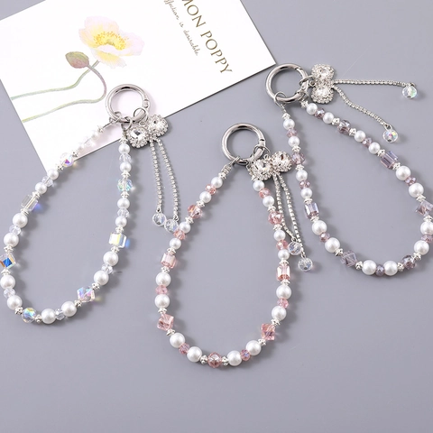 Eleganter Schleife Strass Künstliche Perle Perlen Schlüsselanhänger Für Damen Handgefertigter Kristall Taschenanhänger Handy Lanyard Handgelenkband Zubehör