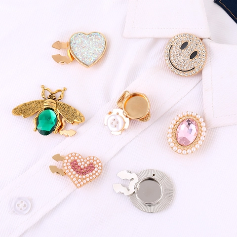 Luxury Alloy Rhinestone Bear Collar Decorative Button Detachable Shirt Cufflink With Artificial Pearl Heart Bee Brooch Accessories For Women