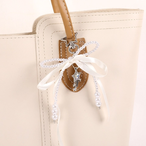 Portachiavi con Fiocco in Nastro di Raso Fatto a Mano Perle Artificiali Ciondolo Stella Cadente per Borsa Donna Ragazza