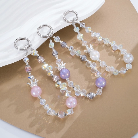 Elegant Crown Rhinestone Beaded Keychain Women Artificial Pearl Crystal Bag Pendant Phone Case Decoration Hanging Chain