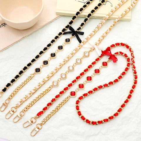 Elegant Bowknot Bag Chain With Rhinestone Satin Ribbon Woven Alloy Metal Chain For Women Phone Strap Bag Accessories