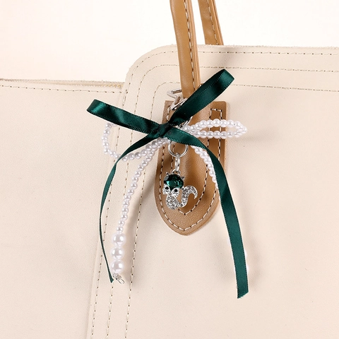 Llavero de Doble Lazo de Cinta Con Colgante de Zorro de Perlas Artificiales y Diamantes de Imitación Decoración de Bolso Mujer
