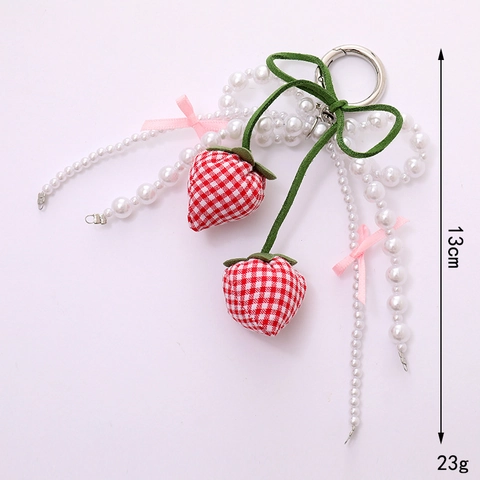 Pastoral Floral Plaid Erdbeere Schleife Schlüsselanhänger Handgefertigte Künstliche Perle Tasche Anhänger Süße Stoff Deko