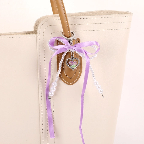 Koreanischer Stil Künstliche Perle Schleife Herz Anhänger Schlüsselanhänger Satinband Strass Blume Tasche Charme Damen