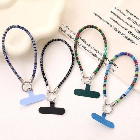Ethno Gewebtes Handy-Umhängeband Handgelenkschlaufe Anti-Verlust Bohemian Geflochtene Handykette Mit Patch Metallring