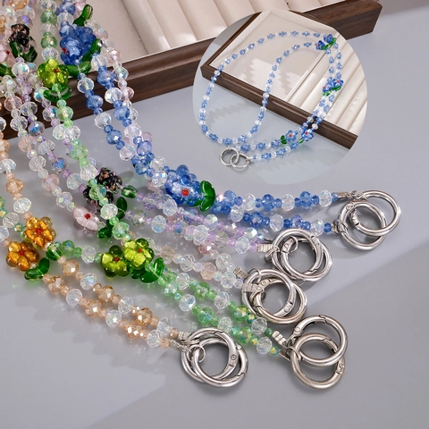 Fresh Beaded Flower Phone Lanyard Colored Glaze Beads Crossbody Phone Chain For Women Bag Decoration Mobile Phone Strap