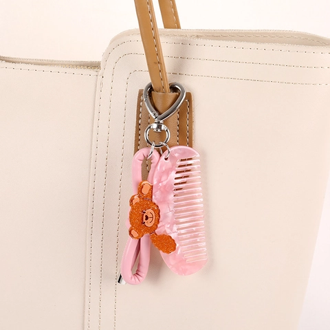 Niedliche Cartoon Katze Bär Mini Kamm Schlüsselanhänger Für Damen Mädchen PU Leder Seil Schleife Tasche Charm Herz Metall Verschluss