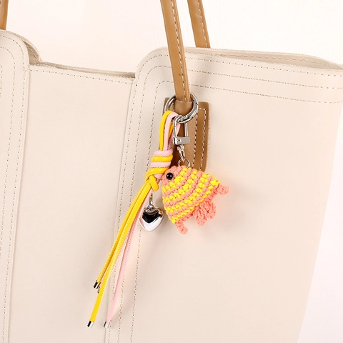 Handmade Crochet Small Fish Bag Charm Keychain With Heart Pendant And Leather Cord Versatile Hanging Ornament For Women