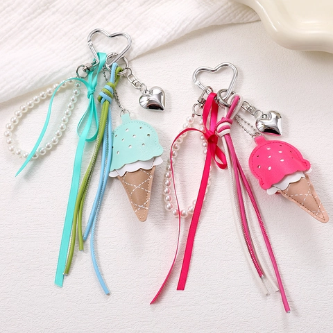 Pendente per Borsa in Pelle a Forma di Gelato Con Künstliche Perle d'Imitazione Fiocco Cuore Gancio in Metallo Zaino Donna Regalo Accessorio