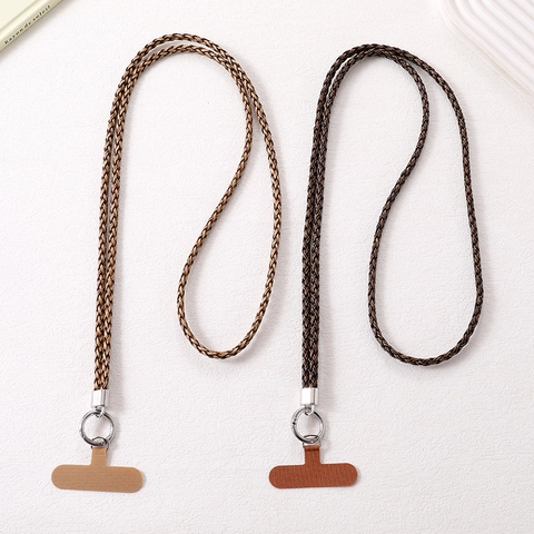 Retro Wood Grain Braided PU Leather Phone Lanyard Crossbody Mobile Phone Chain Neck Strap For Bags Accessories Women