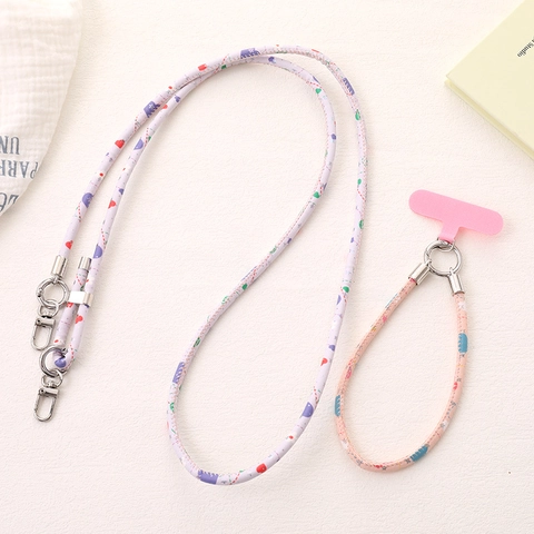 Handmade Floral Printed PU Leather Phone Lanyard Crossbody Strap Wrist Strap Metal Clasp Women Stylish Phone Accessory Jewelry
