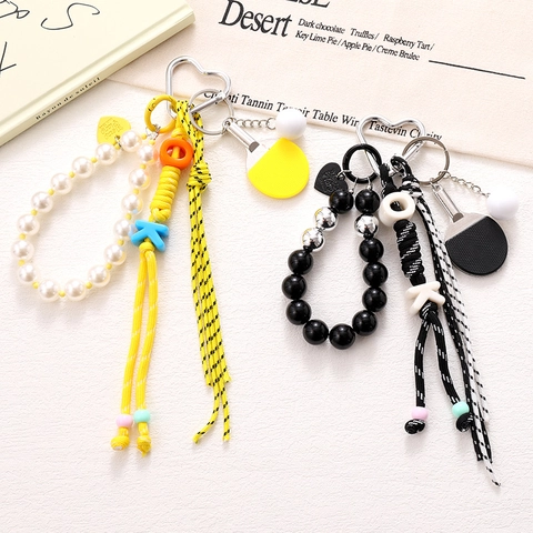 Niche Sporty Table Tennis Racket Keychain Beaded Letter Braided Rope Bag Charm Pendant For Women Phone Accessory Jewelry
