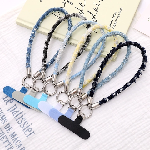 Cinturino da Polso per Cordino per Cellulare in Denim Fatto a Mano con Paillettes Catena Anti-smarrimento con Connettore a T per Donna Accessorio Chiave Fotocamera