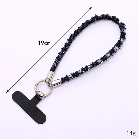 Mode Denim Pailletten Handyband Anti-Verlust Handgelenk Schlüsselanhänger Geflochtene Handykette Für Damen Handtaschen Zubehör