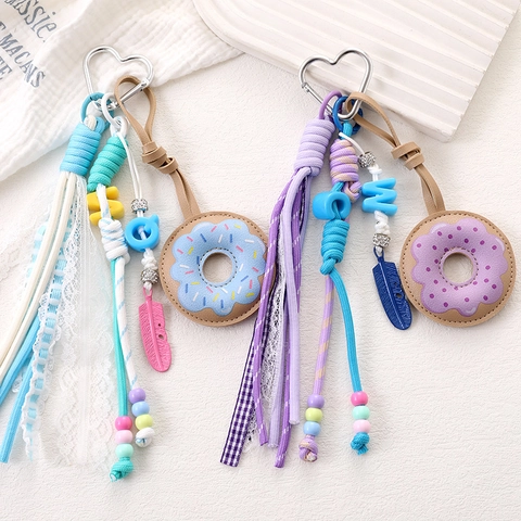 Handgefertigt Kunstleder Donut Taschenanhänger Für Damen Süß Perlen Schleife Band Schlüsselanhänger Herz Verschluss Handy Anhänger Mode Accessoires