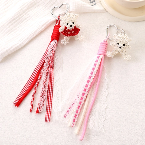 Porte-Clés Ours Lapin en Perles Artificielles Fait Main Avec Gland en Ruban de Dentelle Fermoir Coeur Charme de Sac pour Femmes Filles
