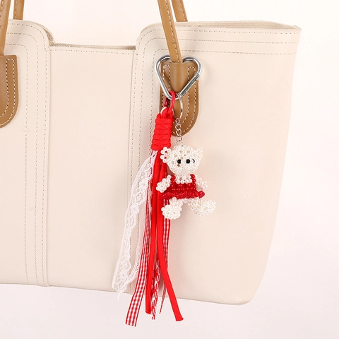 Ciondolo per Borsa Orsetto Coniglio Fatto a Mano con Perline Chiusura a Cuore Nastro in Pizzo Nappa Accessorio Dolce in Stile Coquette per Donne Ragazze