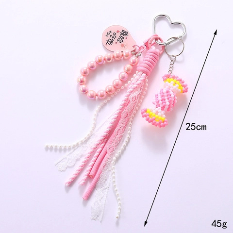 Handgefertigter Gewebter Süßigkeiten Taschenanhänger Acryl Perlen Schlüsselanhänger Mit Herz Metallschnalle Spitze Telefonband Damen Geschenk