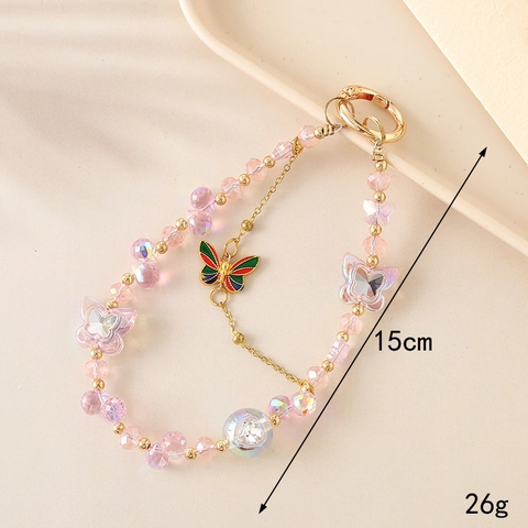 Butterfly Beaded Charm Double Chain Plastic Resin Bead Phone Strap Bag Pendant Accessory For Women Girls Gift Jewelry