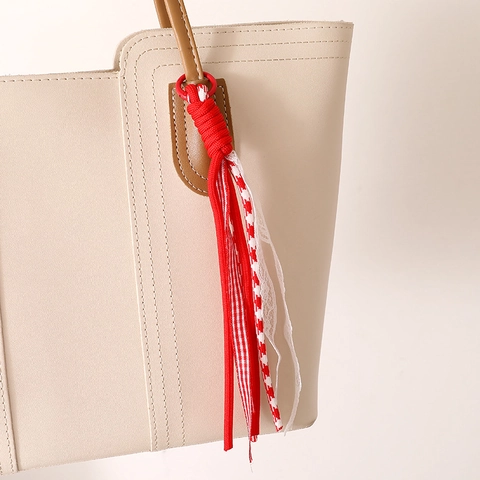 Handmade Woven Fabric Bag Charm Lace Plaid Ribbon Phone Pendant For Women Versatile Floral Backpack Keychain Accessory