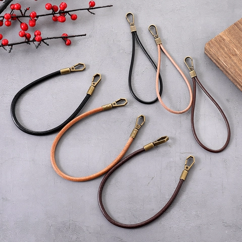 Vintage Cowhide Leather Wrist Strap Bag Handle Chain With Retro Metal Clasp Handheld Replacement For Handbags Phone Key Jewelry