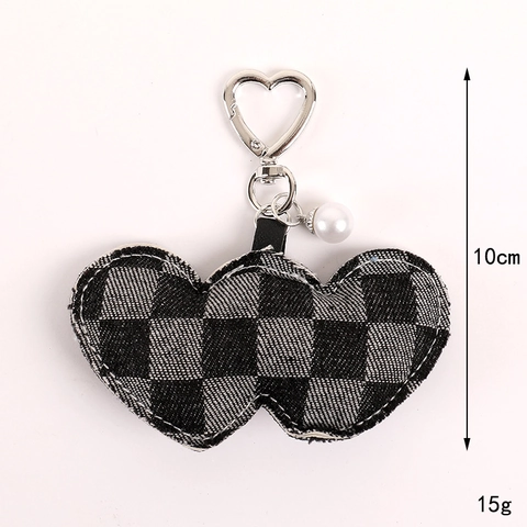 Fashion Denim Cloth Heart Shaped Keychain Sequin Star Checkered Pattern Bag Pendant With Metal Clasp Faux Artificial Pearl Accessory