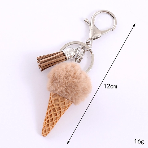 Sweet Ice Cream Pom Pom Keychain With Tassel Faux Fur Ball Bag Charm Dessert Pendant For Backpack Handbag Women Girls Accessory