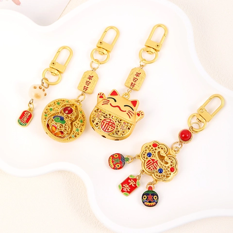 Porte-clés Style Chinois Chat de la Fortune Calebasse Serrure Or Alliage Émail Pendentif de Sac Femme Bijoux Cadeau