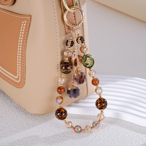 Leopard Print Plush Ball Beaded Phone Chain For Women Bohemian Alloy Leaf Pendant Handcrafted Bag Charm Anti-Lost Strap