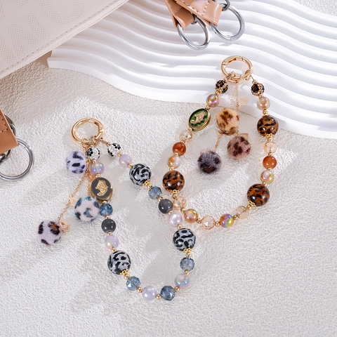 Leopard Print Plush Ball Beaded Phone Chain For Women Bohemian Alloy Leaf Pendant Handcrafted Bag Charm Anti-Lost Strap