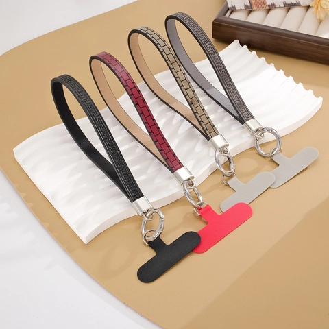 Faux Leather Phone Wrist Strap Anti-Loss Phone Lanyard With Zinc Alloy Buckle Cross Greek Key Pattern Wallet Hand Strap