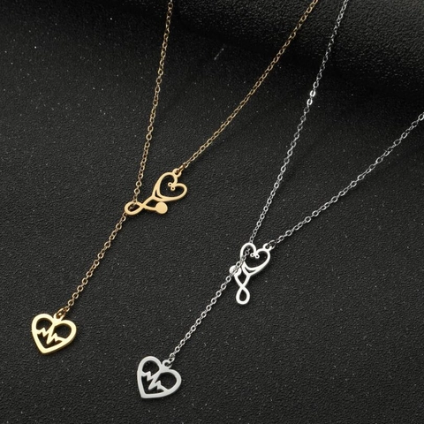 Edelstahl Stethoskop Herz EKG Anhänger Halskette Für Damen Krankenschwester Arzt Geschenk Gold Silber Y-Förmige Pulloverkette Mode Schmuck