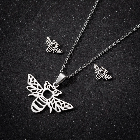 Parure de Bijoux Abeille en Acier Inoxydable pour Femme Collier Pendentif Insecte Origami et Boucles d'Oreilles Clous