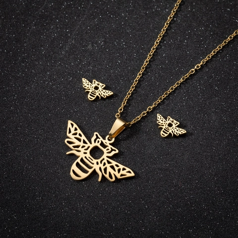 Parure de Bijoux Abeille en Acier Inoxydable pour Femme Collier Pendentif Insecte Origami et Boucles d'Oreilles Clous