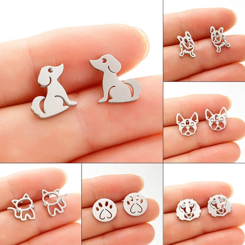Minimalist Stainless Steel Animal Stud Earrings Cute Hollow Cat Dog Paw Print Heart Ear Studs For Women Daily Jewelry Gift