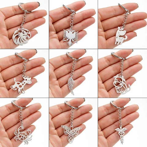 Porte-Clés En Acier Inoxydable Animal Ajouré Aigle Girafe Chien Crabe Caducée Pendentif Pour Sac À Dos Sac À Main
