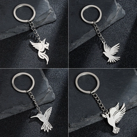 Porte-clés Oiseau en Acier Inoxydable pour Femme Minimaliste Argent Phénix Colombe Colibri Pendentif Bijoux Cadeau