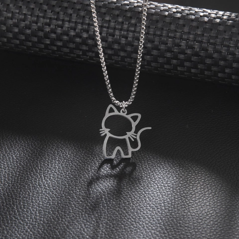Collana con Ciondolo a Forma di Gatto Cavo in Acciaio Inossidabile Catena Semplice Carino Argento per Gioielli Unisex