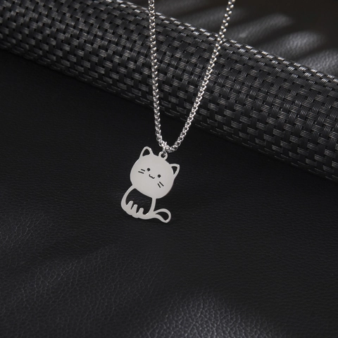 Minimalist Stainless Steel Hollow Out Cat Pendant Necklace For Men Women Fashion Silver Animal Kitten Clavicle Chain Jewelry Gift