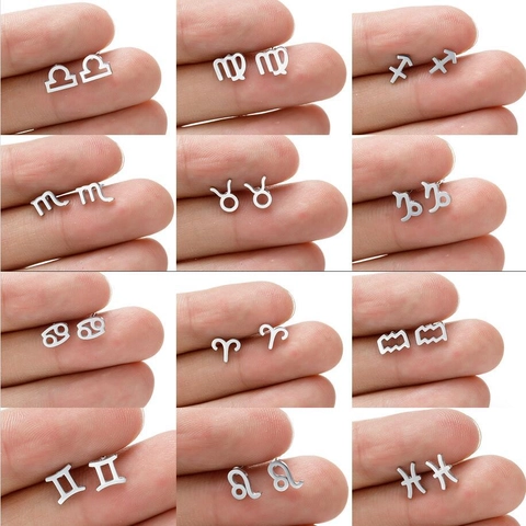 Stainless Steel Zodiac Symbol Stud Earrings For Women Minimalist 12 Constellations Small Sign Signet Gold Silver Earrings