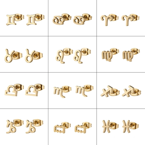 Stainless Steel Zodiac Symbol Stud Earrings For Women Minimalist 12 Constellations Small Sign Signet Gold Silver Earrings