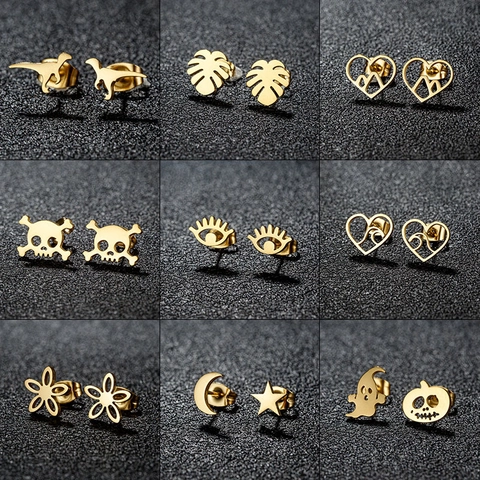 Stainless Steel Halloween Stud Earrings Pumpkin Ghost Skull Dinosaur Monstera Leaf Heart Star Moon For Women Jewelry
