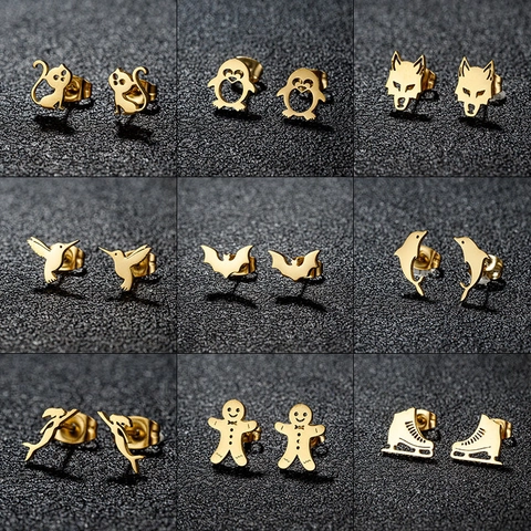 Boucles d'Oreilles Clous de Noël en Acier Inoxydable Chat Pingouin Loup Chauve-souris Colibri Dauphin Sirène Bonhomme de Pain d'Épices Patin