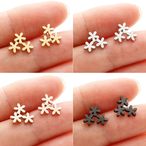 Minimalist Stainless Steel Daisy Flower Stud Earrings For Women Petite Floral Triple Flower Cluster Earrings Korean Mori Style