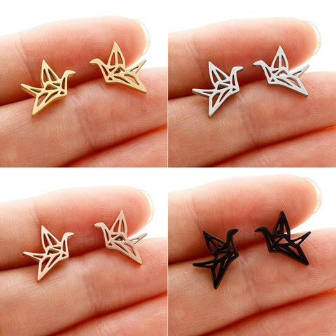 Minimalistisch Roestvrij Staal Geometrisch Origami Papieren Kraanvogel Oorknopjes Voor Dames Koreaanse Stijl Dier Vogel Sieraden