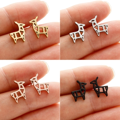 Orecchini a Bottone a Forma di Renna di Natale per Donna in Acciaio Inossidabile Cavo Geometrico Cervo Minimalista Carino Animale Gioielli di Moda Regalo