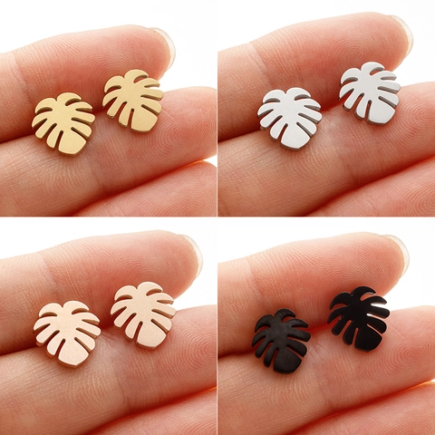 Minimalist Stainless Steel Monstera Leaf Stud Earrings For Women Tropical Botanical Plant Cutout Design Fashion Jewelry