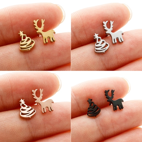 Roestvrijstalen Asymmetrische Kerstboom Rendier Oorknopjes Voor Dames Winter Vakantie Sieraden Kerstcadeau Oorbellen