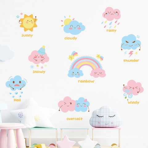 Cartoon Wetter Wandaufkleber Für Kinderzimmer Kindergarten Deko Regenbogen Sonne Wolke Regen PVC Wasserdicht Wandtattoo