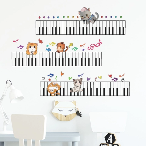 Cartoon Cat Piano Keys Wall Sticker PVC Musical Note Animals Decal For Kids Room Bedroom Home Decoration